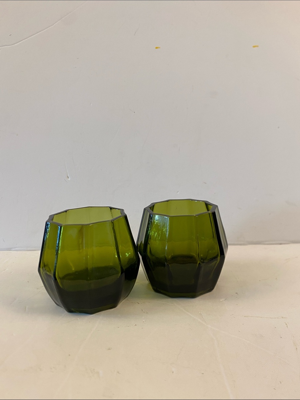 Pier 1 Olive Green Faceted Glass Votive Holders - Pair